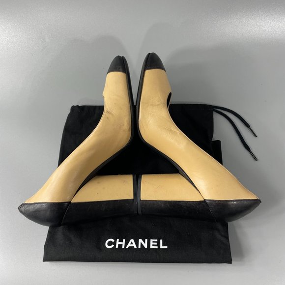 Authentic Chanel Tan and Black Cap-Toe Pumps,  Size 36 - Picture 8 of 12